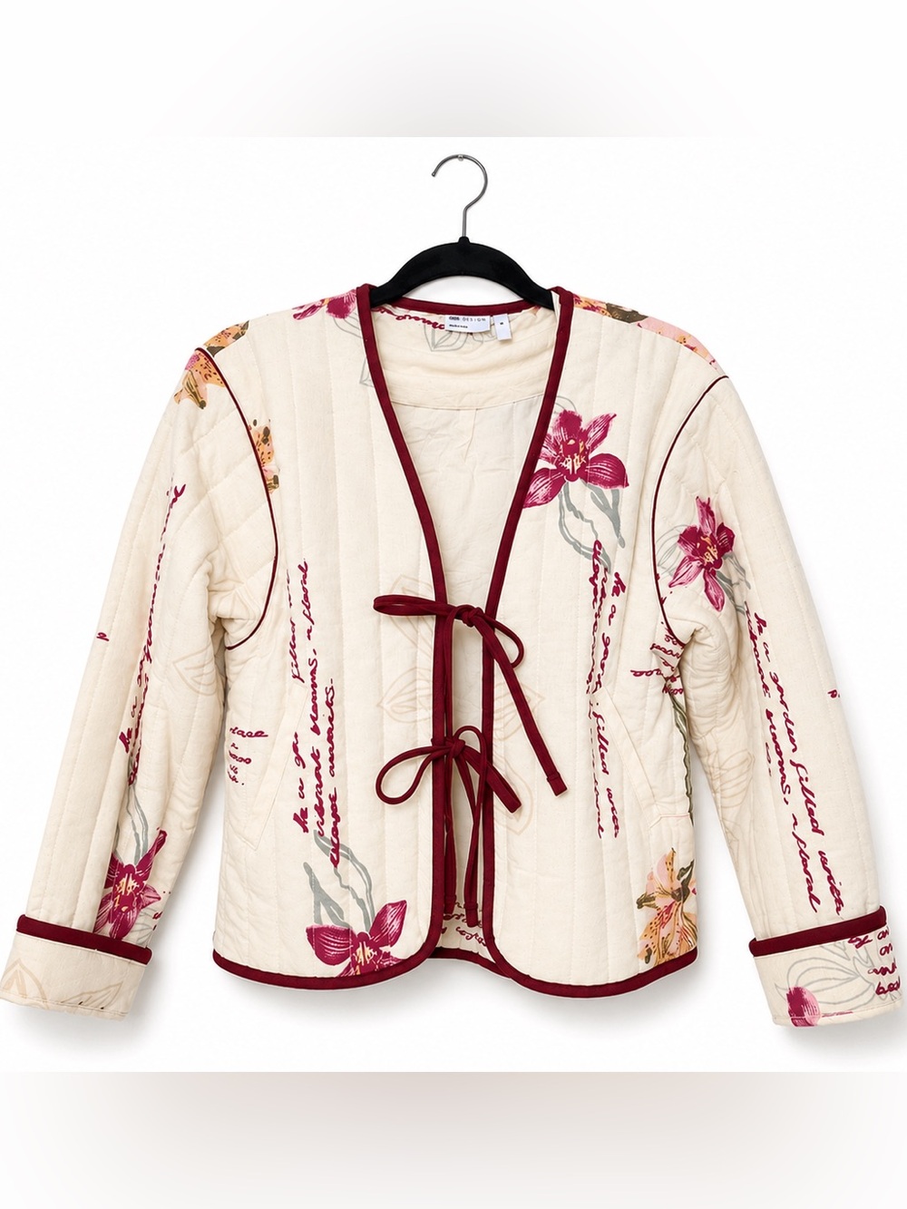 ASOS Cream Quilted Floral Tie-Front Jacket with Burgundy Trim